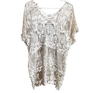 Natural Life Live Happy White Crochet Boho Pointelle Layering Top Size One Size
